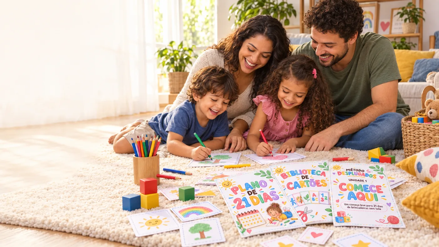 Família brincando com materiais do Método Desplugados